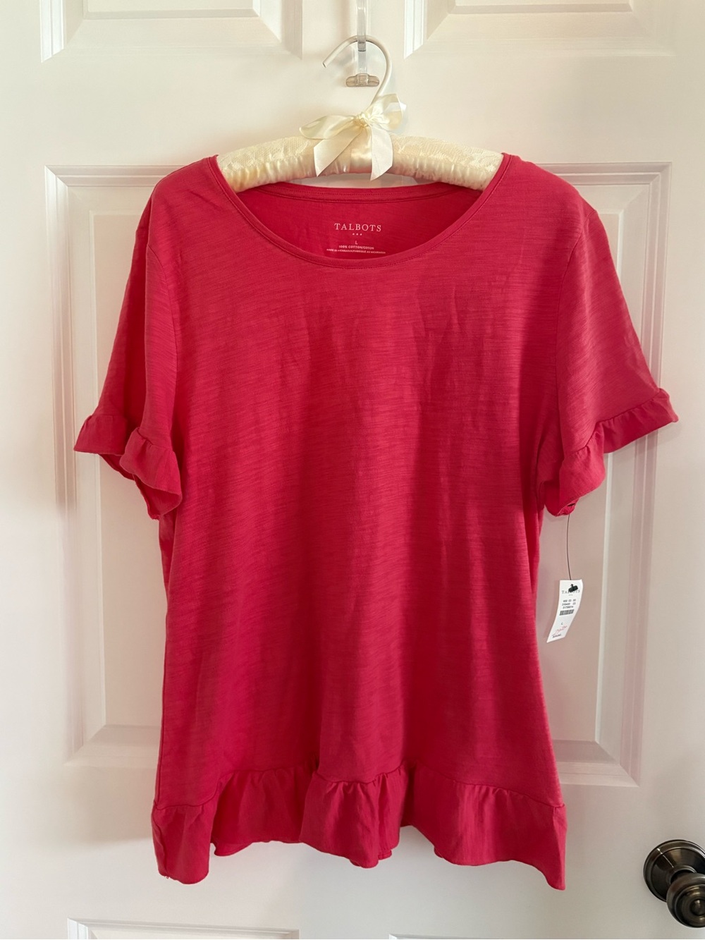 Talbots Women's Ruffle Hem Short Sleeve Top - Light Coral in color.